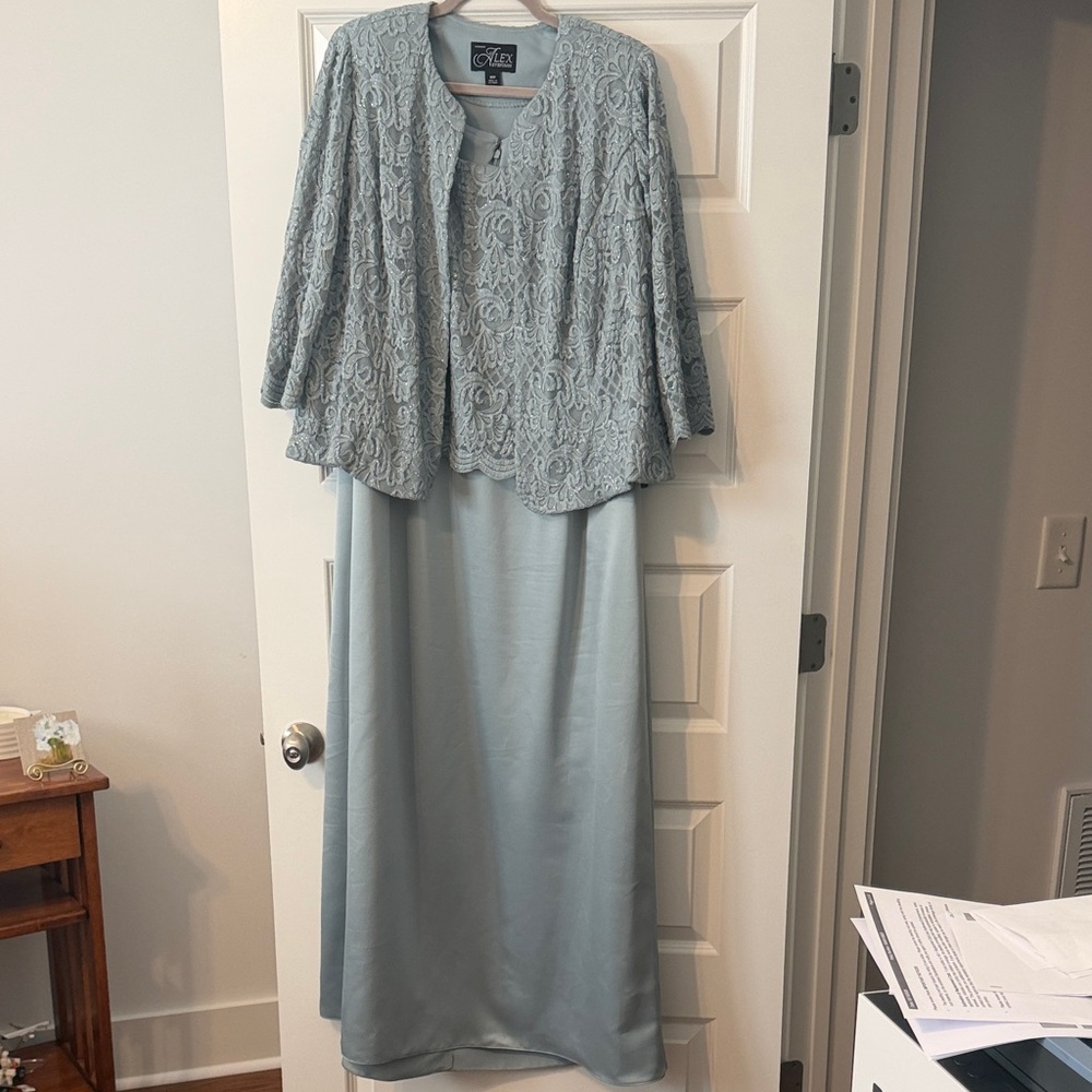 Alex Evenings Sage Green Maxi Dress with Lace Jacket